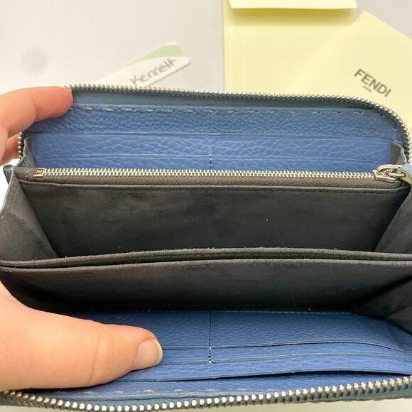 Fendi Romano Selleria Zip Around Wallet Continental Blue Calfskin Thick Stitches - Picture 11 of 15